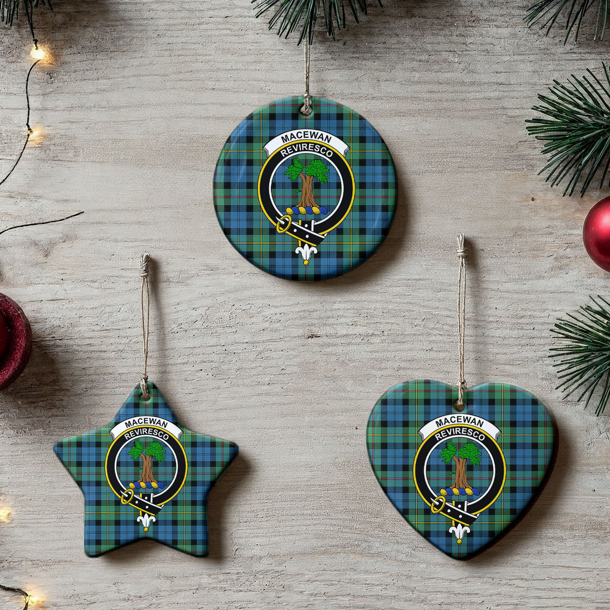 MacEwan Ancient Tartan Crest Christmas Ceramic Ornament