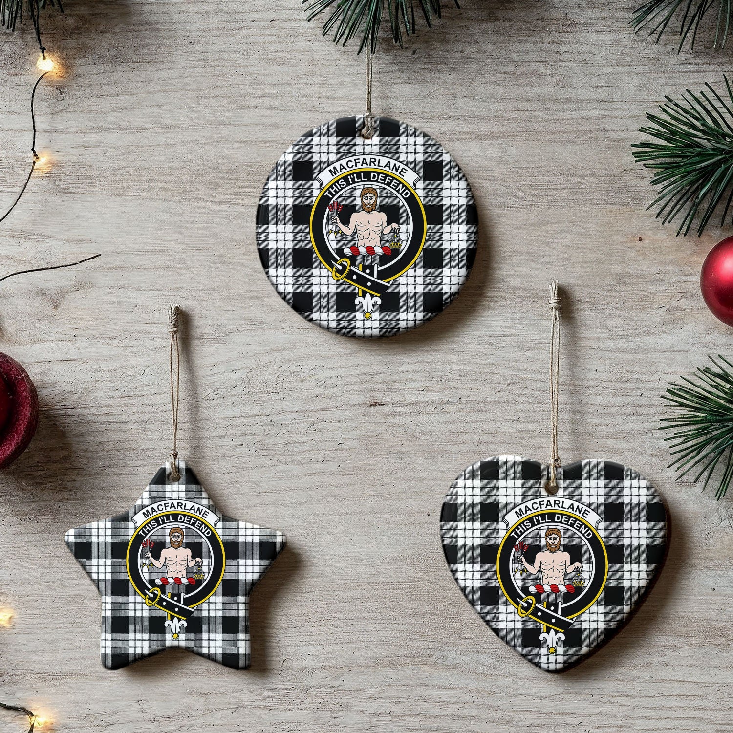MacFarlane Black - White Tartan Crest Christmas Ceramic Ornament