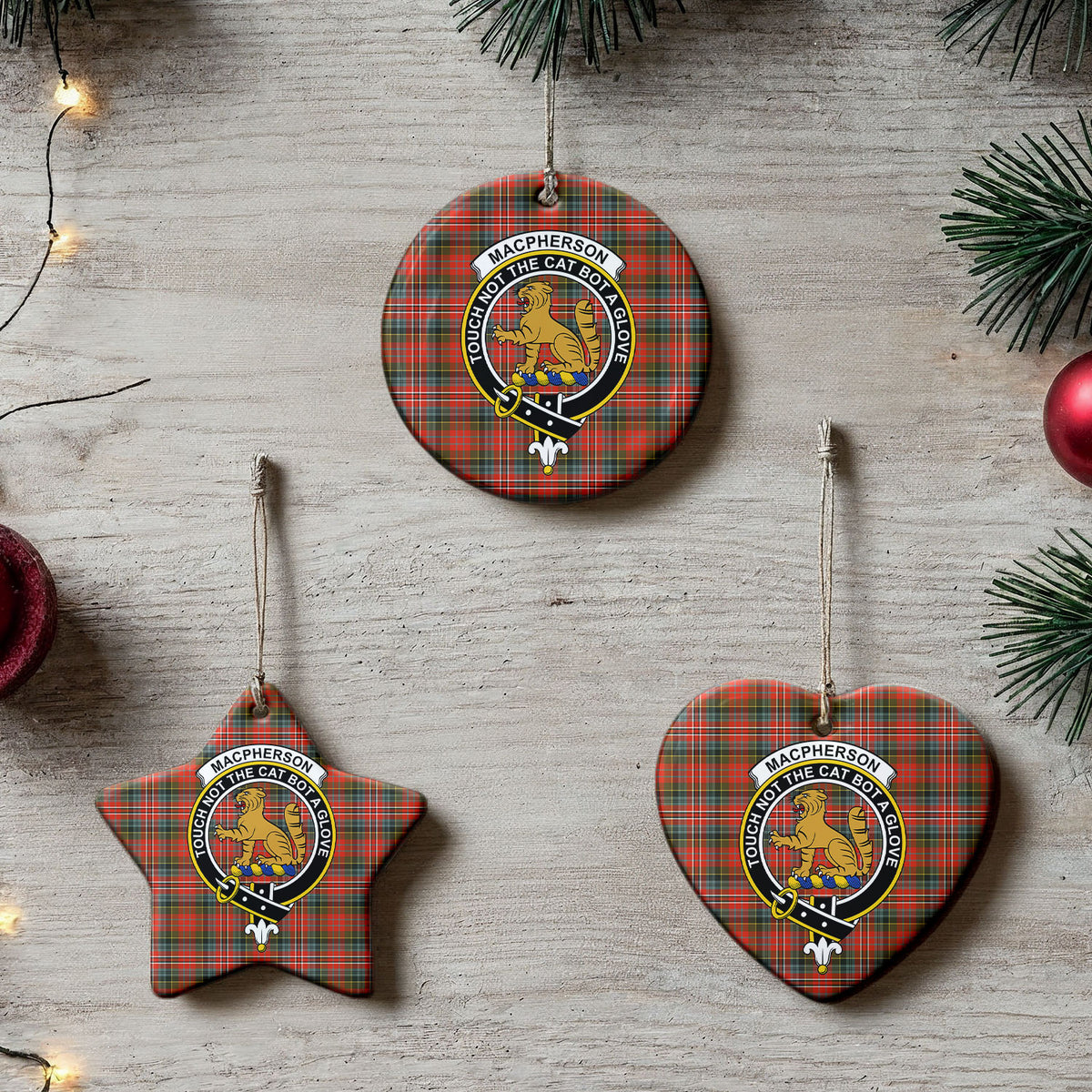 MacPherson Weathered Tartan Crest Christmas Ceramic Ornament