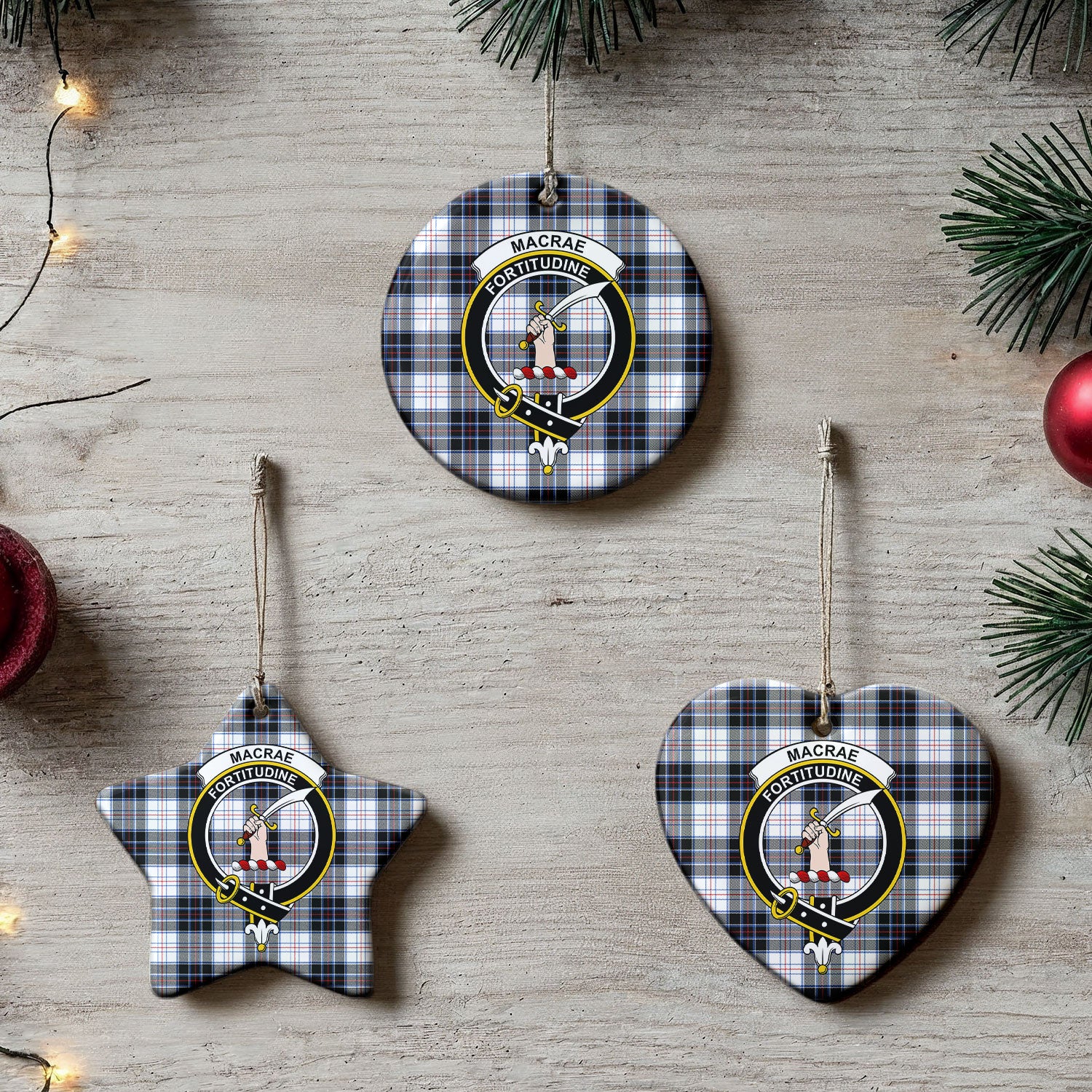 MacRae Dress Modern Tartan Crest Christmas Ceramic Ornament