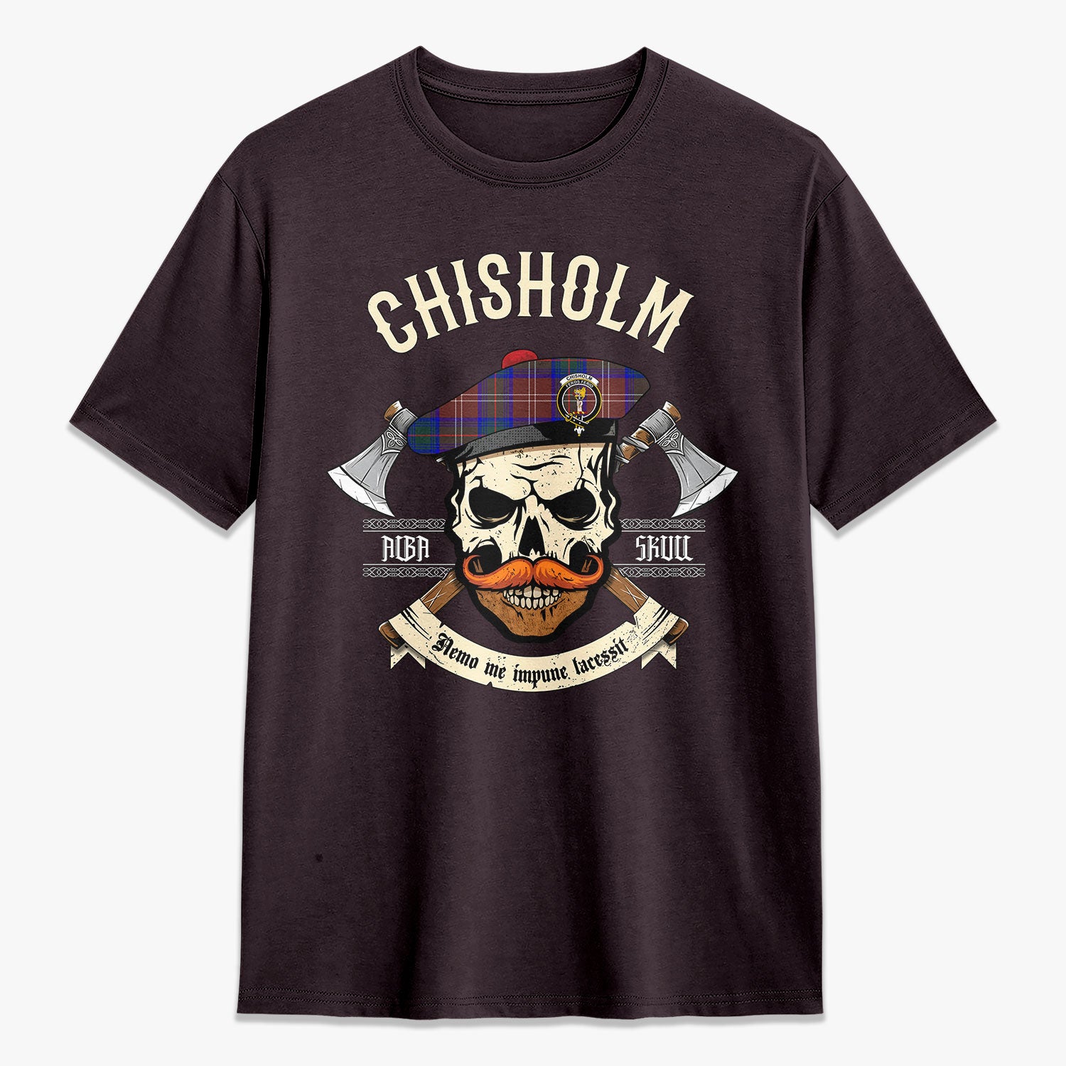 Chisholm Hunting Modern Tartan Crest 2D T-shirt - Alba Skull Style
