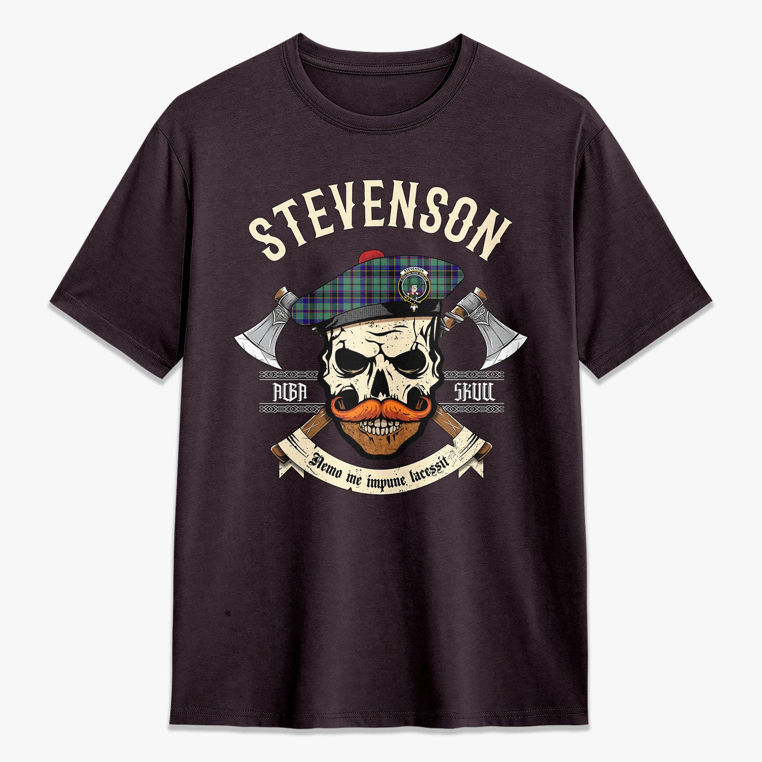 Stevenson Tartan Crest 2D T-shirt - Alba Skull Style