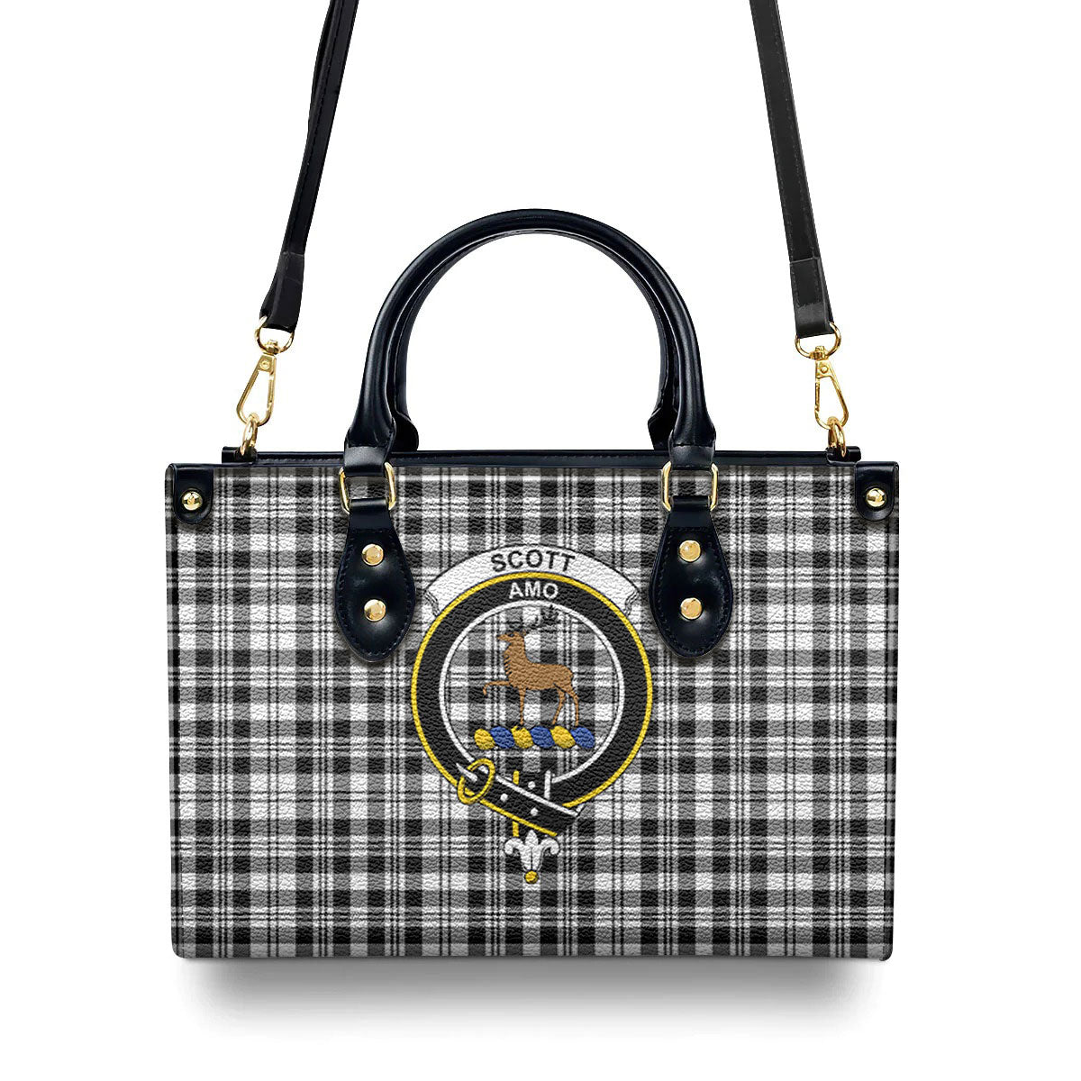 Scott Black & White Modern Tartan Crest Leather Handbag