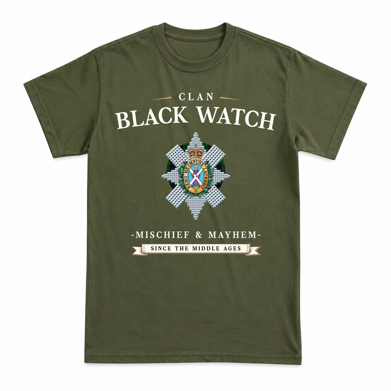 Black Watch Tartan Crest Mischief and Mayhem T-shirt