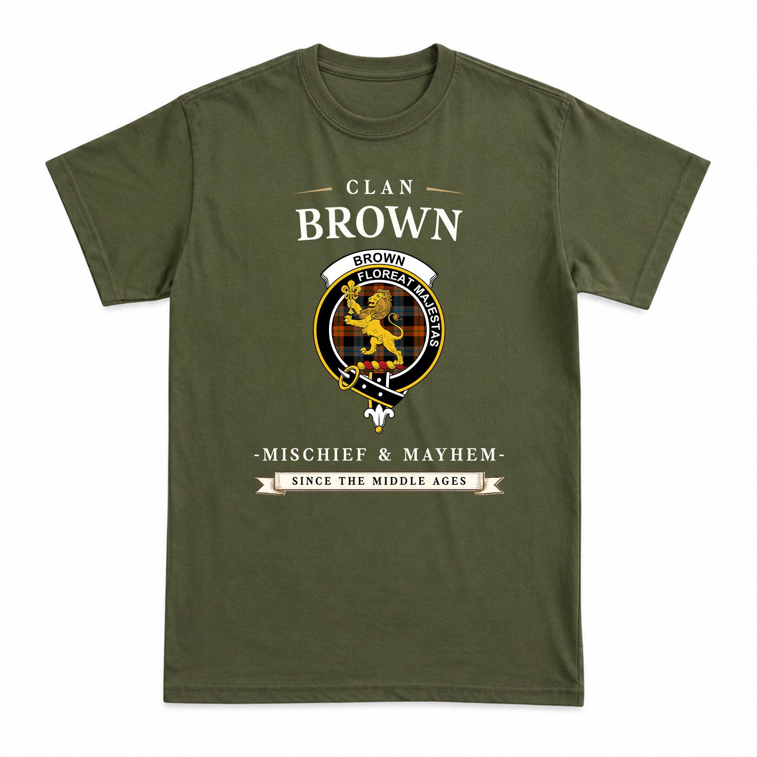 Brown Ancient Tartan Crest Mischief and Mayhem T-shirt
