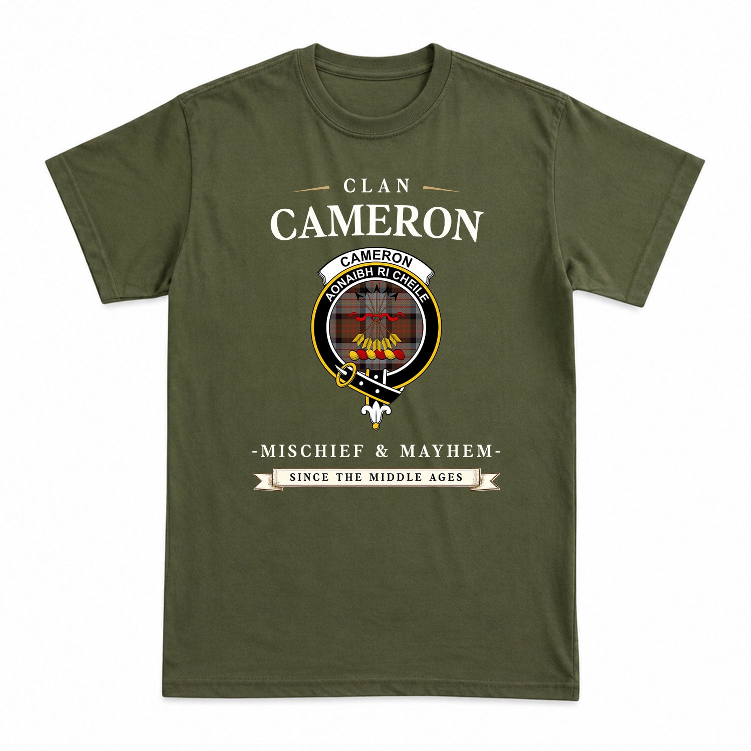 Cameron of Erracht Weathered Tartan Crest Mischief and Mayhem T-shirt