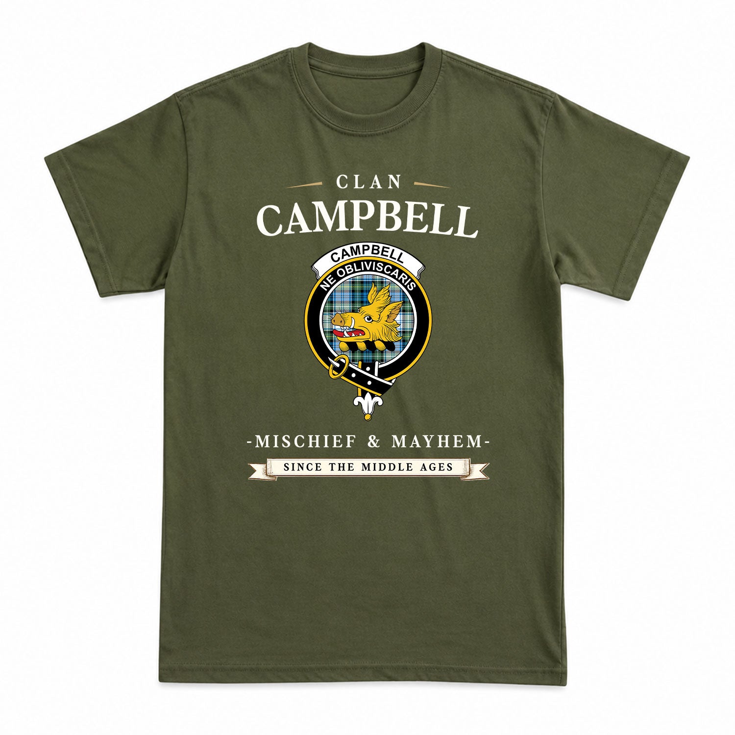 Campbell Dress Ancient Tartan Crest Mischief and Mayhem T-shirt