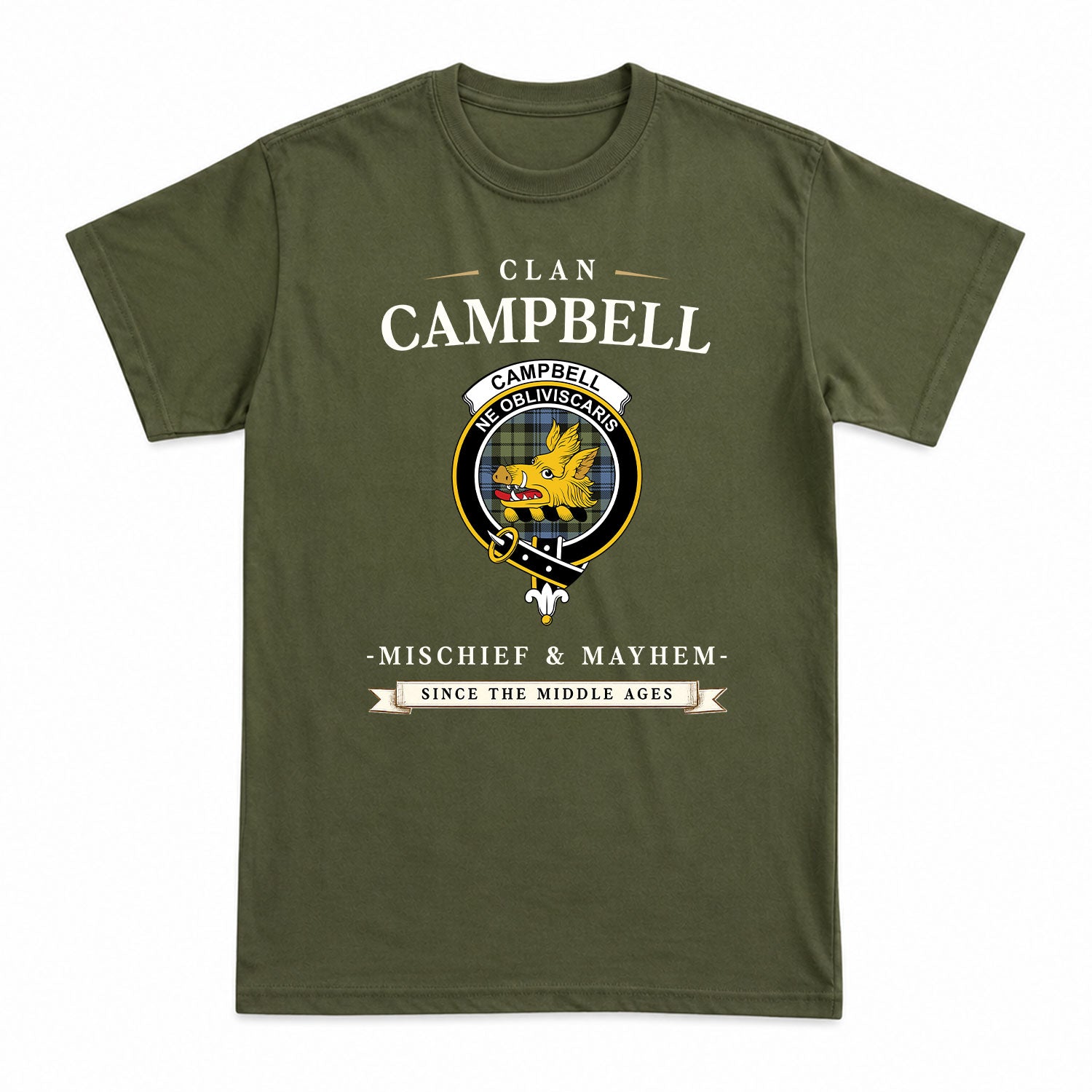Campbell Faded Tartan Crest Mischief and Mayhem T-shirt