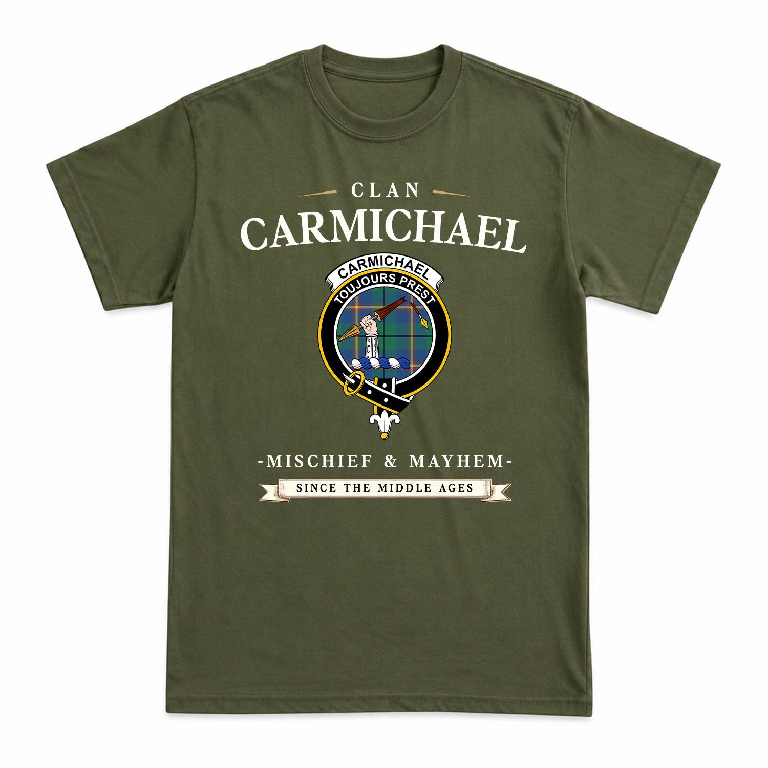 Carmichael Ancient Tartan Crest Mischief and Mayhem T-shirt