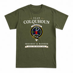 Colquhoun Modern Tartan Crest Mischief and Mayhem T-shirt