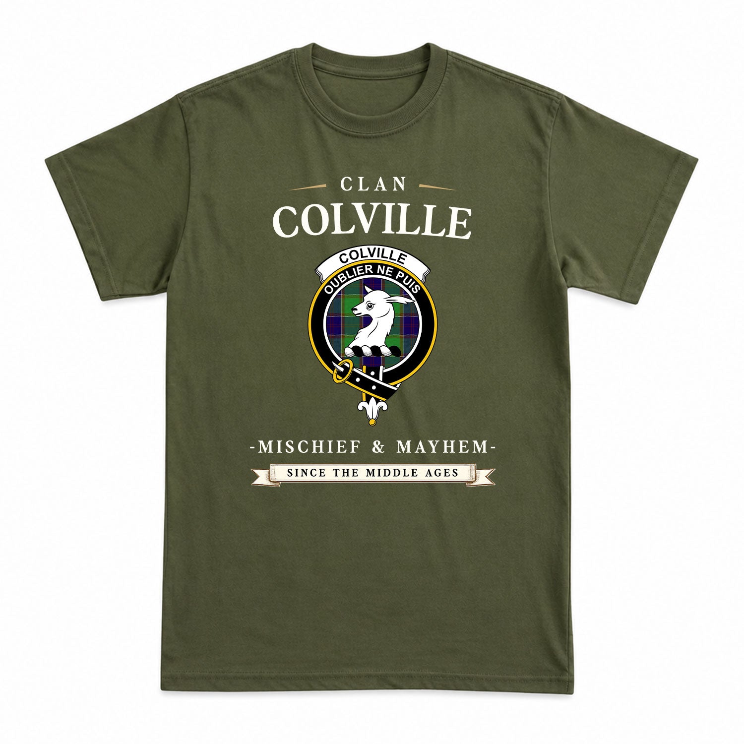 Colville Tartan Crest Mischief and Mayhem T-shirt