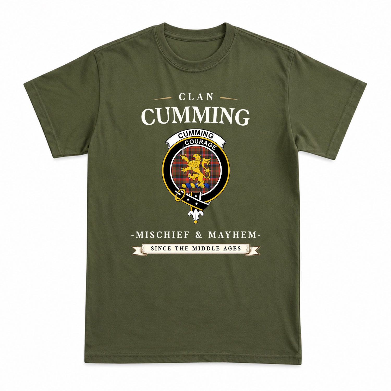Cumming Hunting Weathered Tartan Crest Mischief and Mayhem T-shirt