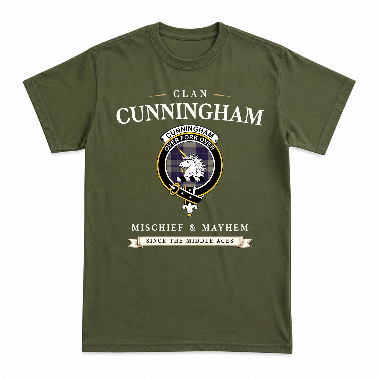 Cunningham Dress Blue Dancers Tartan Crest Mischief and Mayhem T-shirt