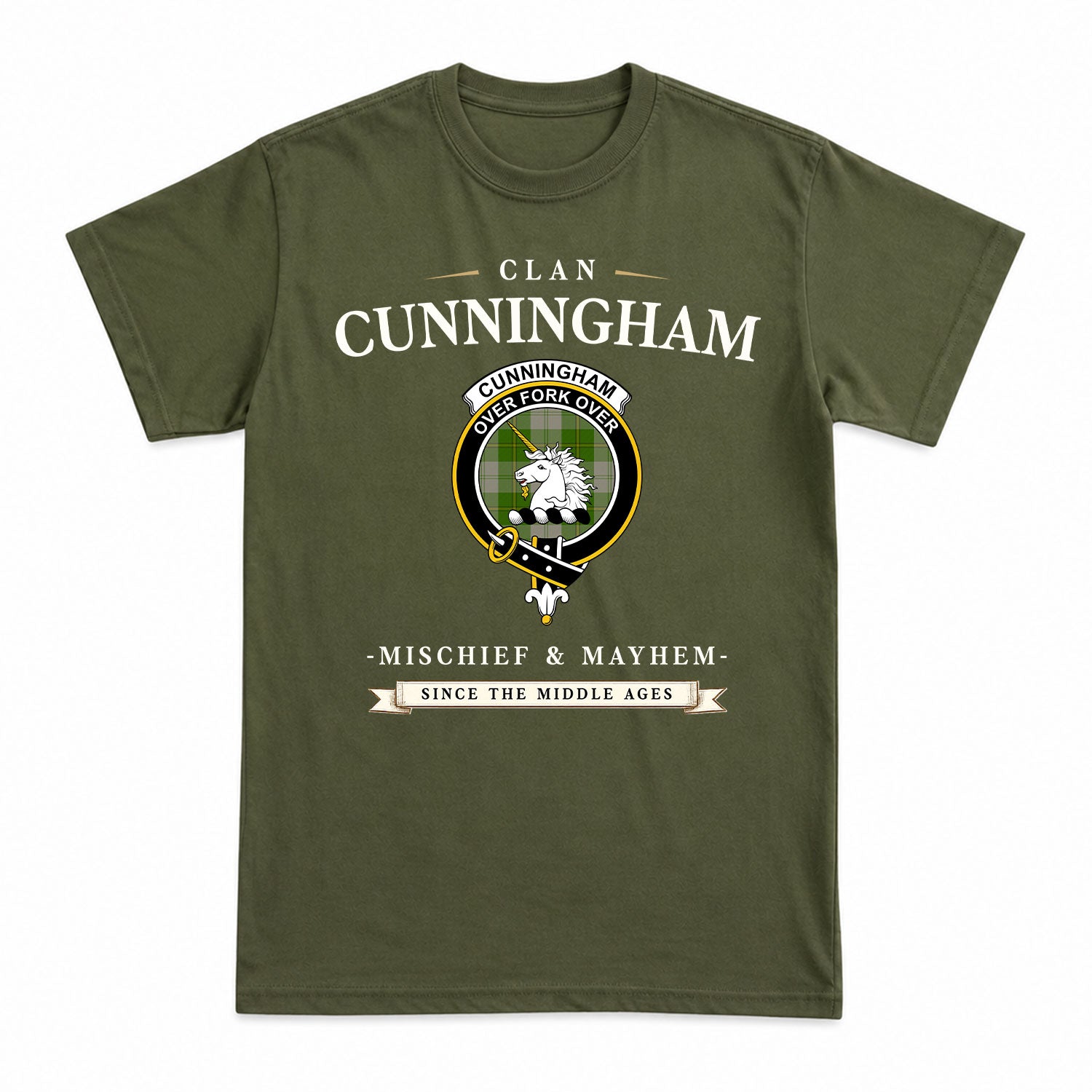 Cunningham Dress Green Dancers Tartan Crest Mischief and Mayhem T-shirt