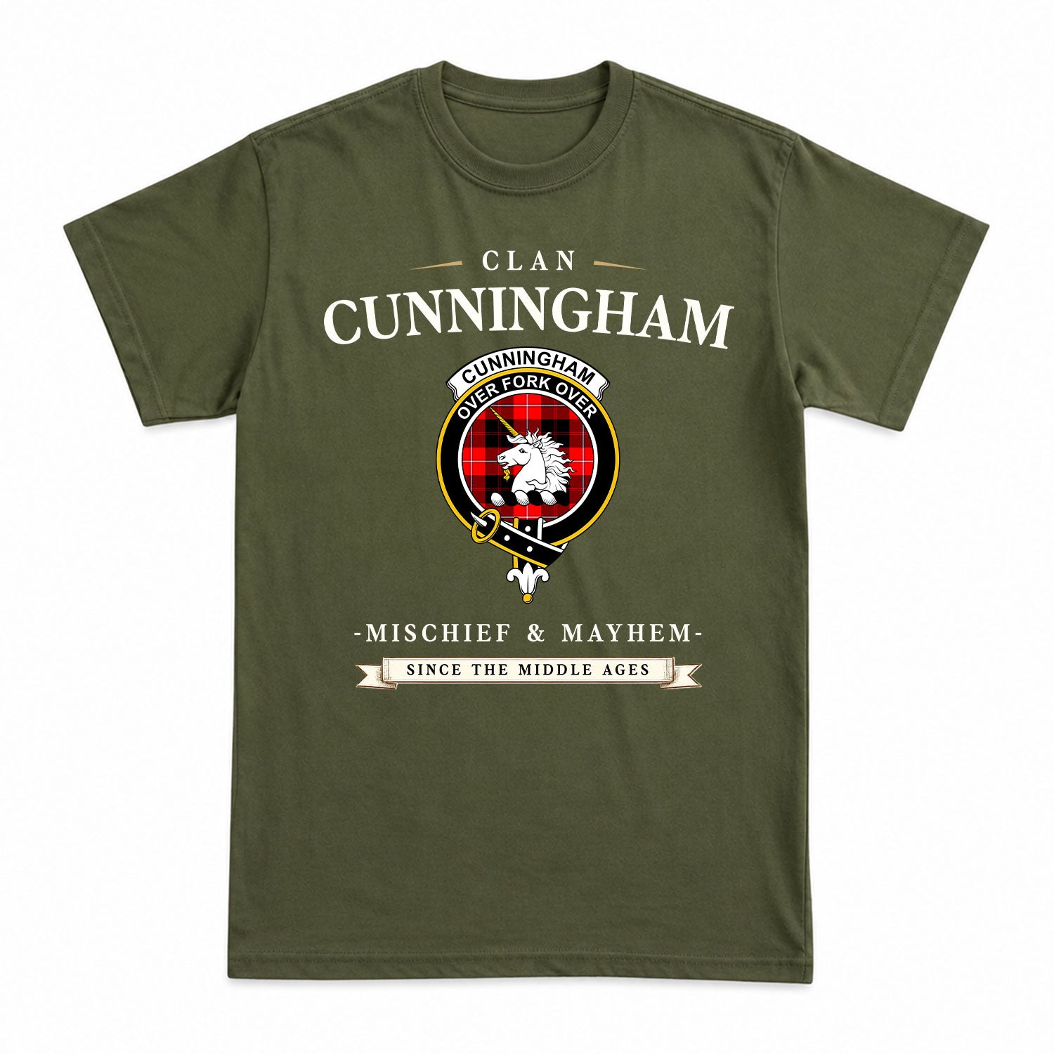 Cunningham Modern Tartan Crest Mischief and Mayhem T-shirt