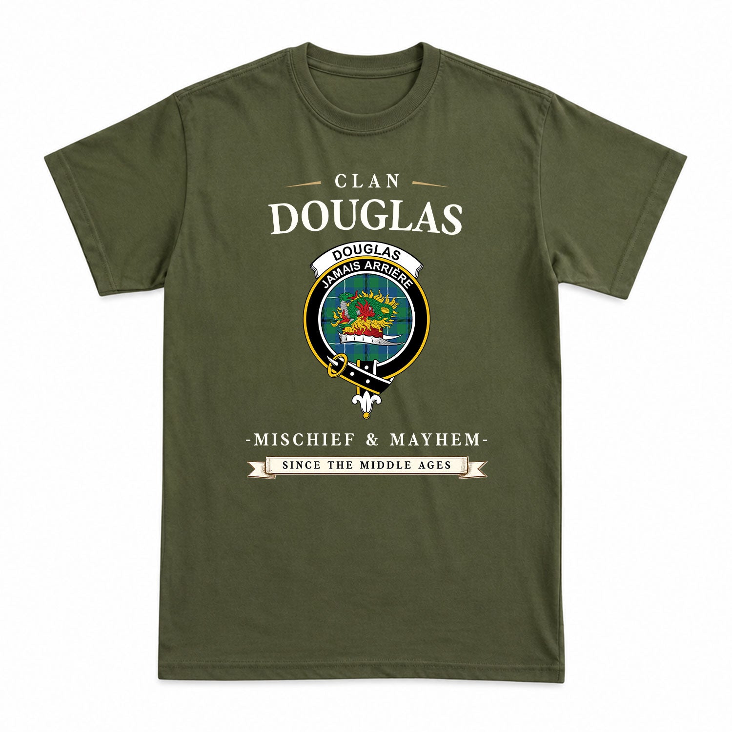 Douglas Ancient Tartan Crest Mischief and Mayhem T-shirt