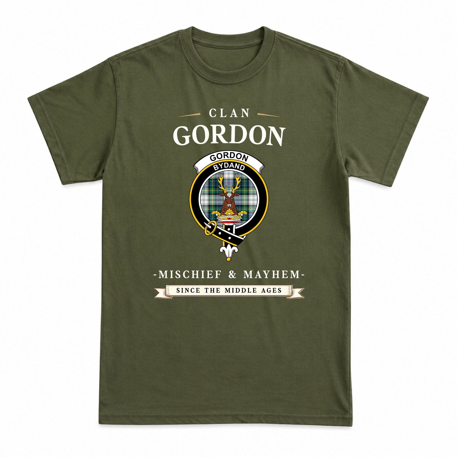 Gordon Dress Ancient Tartan Crest Mischief and Mayhem T-shirt
