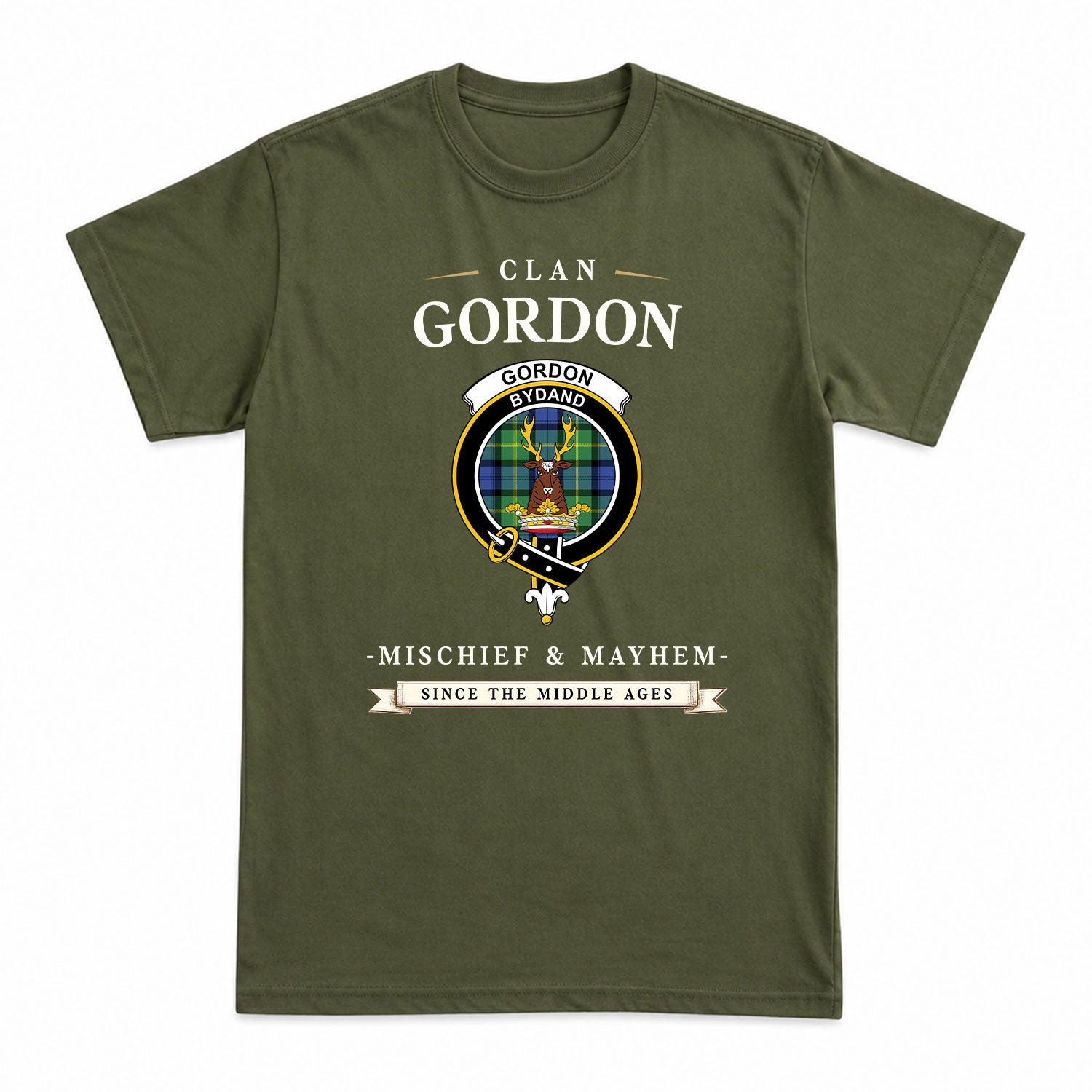 Gordon Old Ancient Tartan Crest Mischief and Mayhem T-shirt