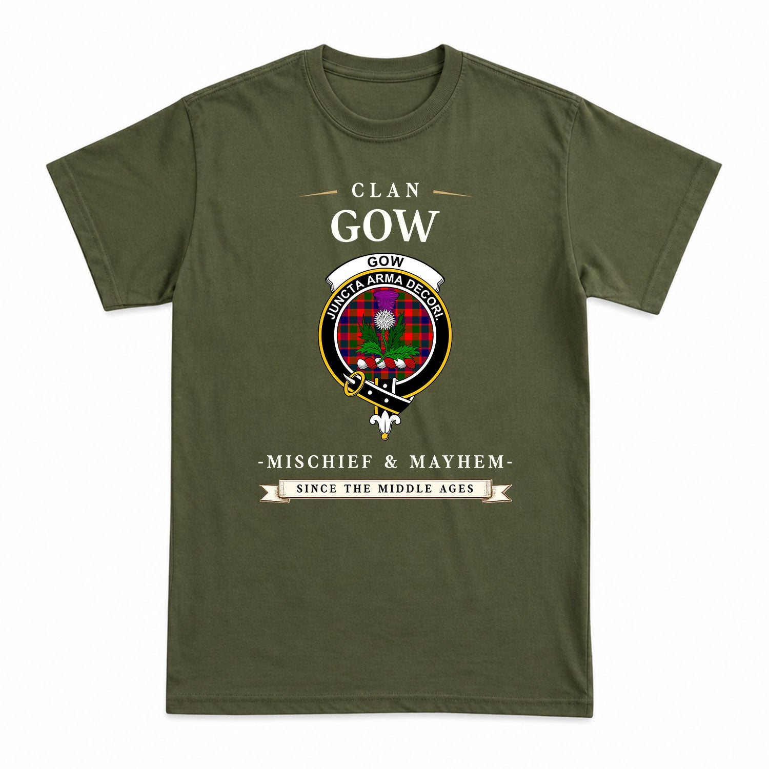Gow (of Skeoch) Tartan Crest Mischief and Mayhem T-shirt