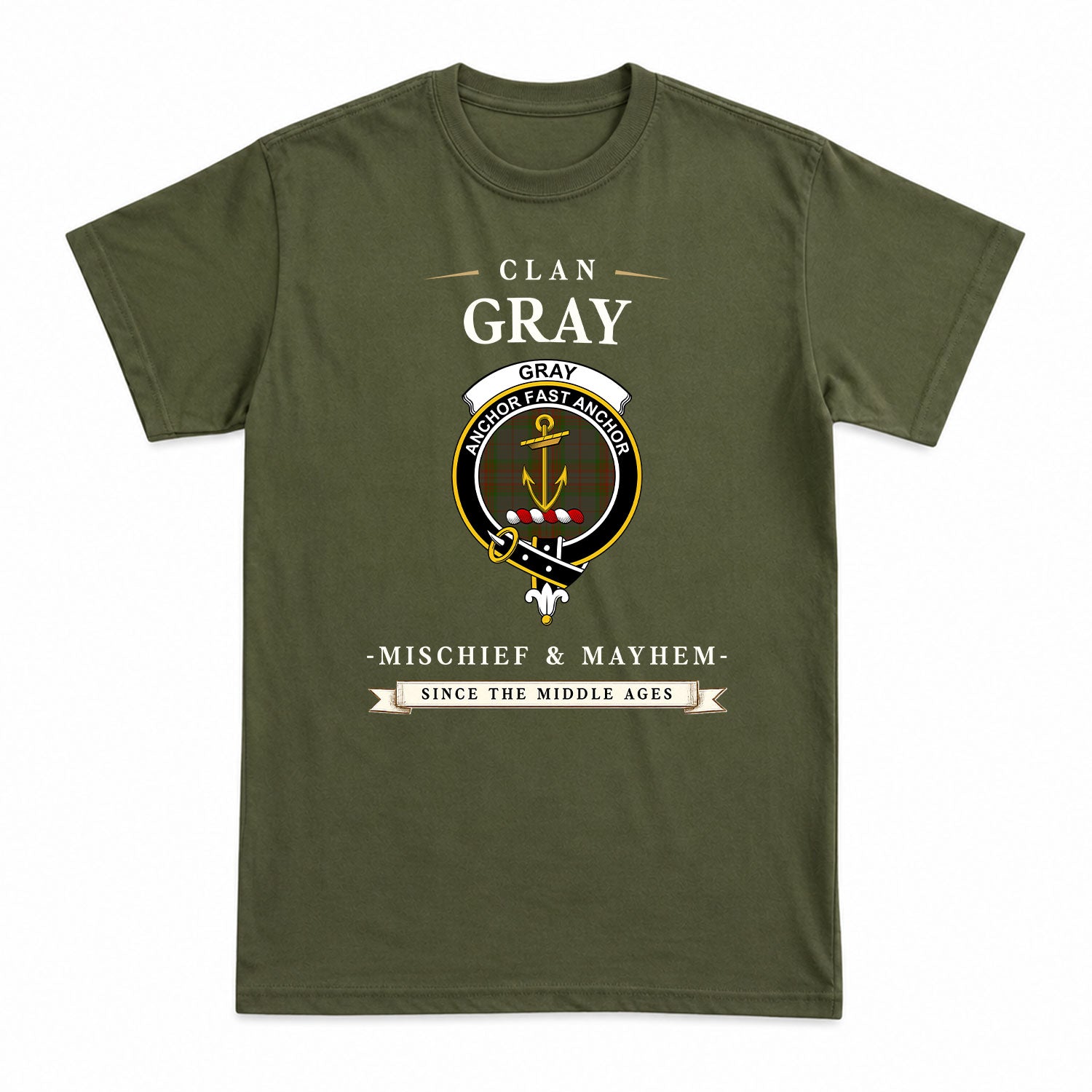 Gray Tartan Crest Mischief and Mayhem T-shirt