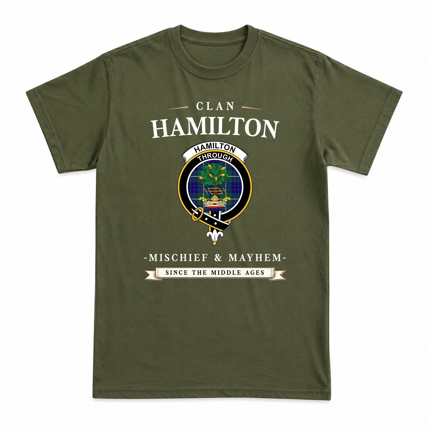 Hamilton Hunting Modern Tartan Crest Mischief and Mayhem T-shirt