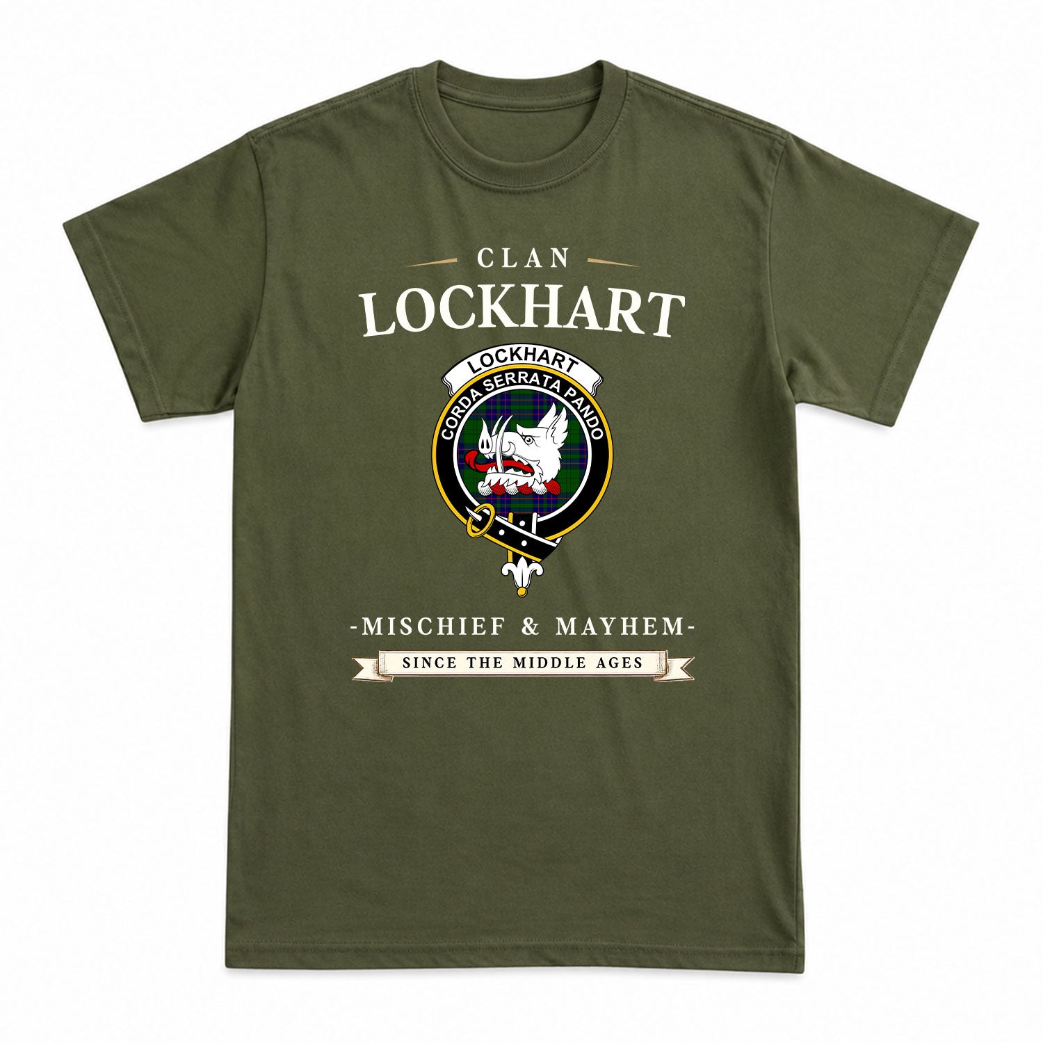 Lockhart Modern Tartan Crest Mischief and Mayhem T-shirt