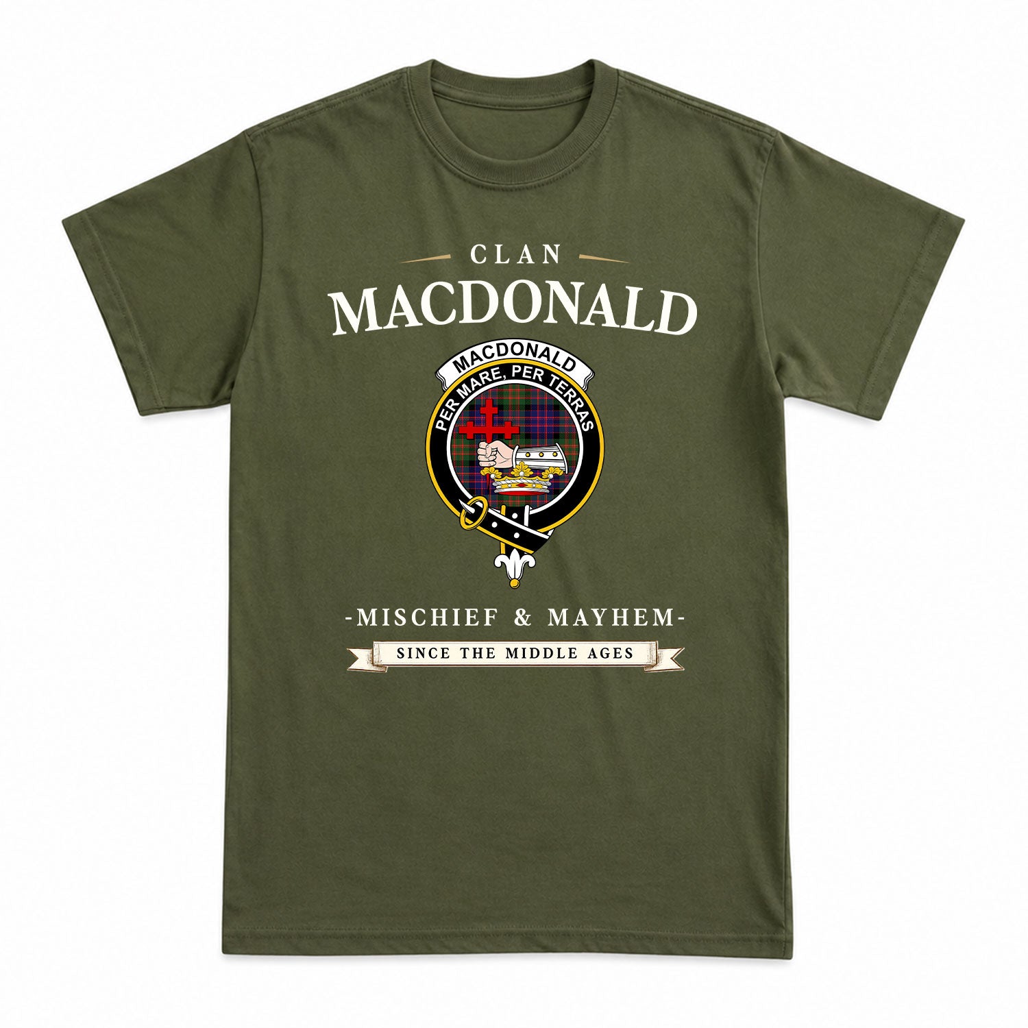 MacDonald Modern Tartan Crest Mischief and Mayhem T-shirt