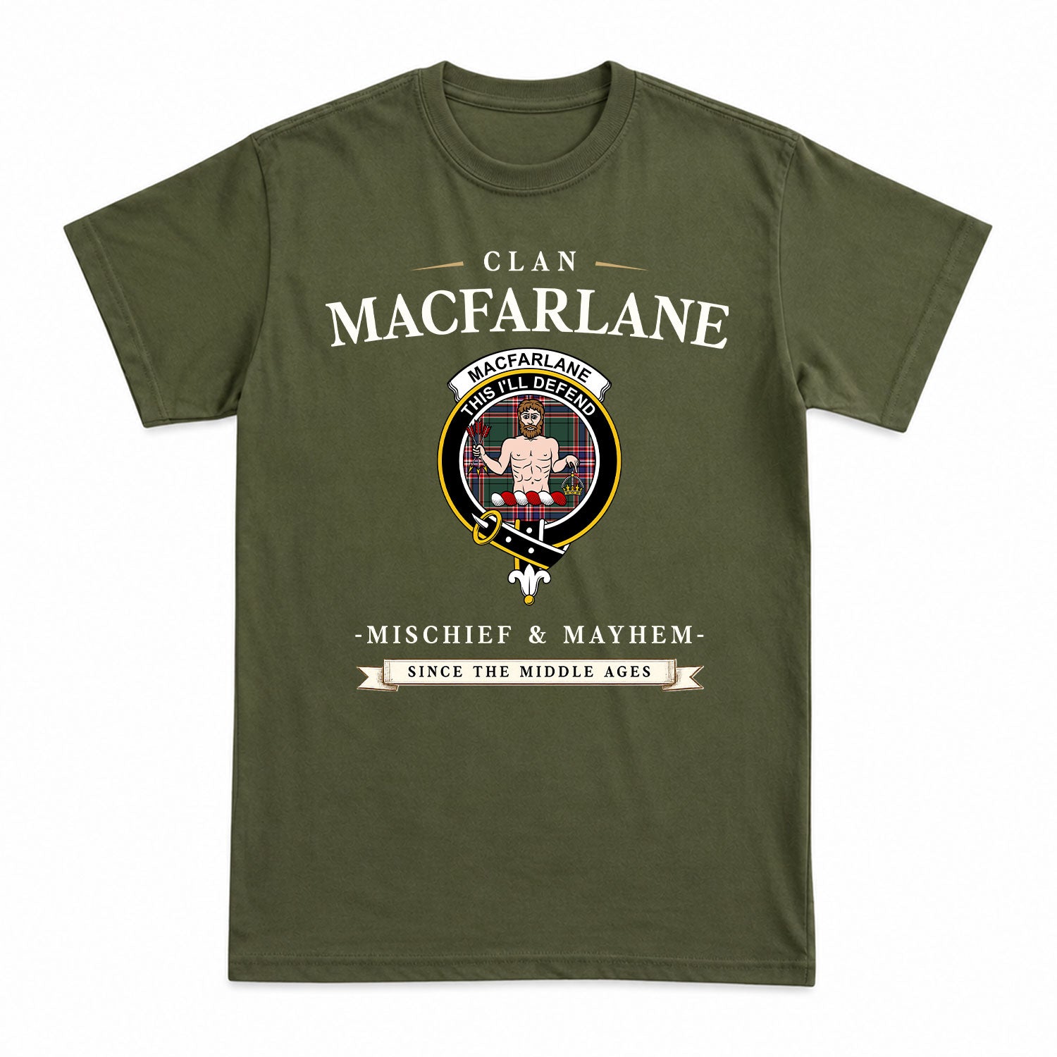 MacFarlane Hunting Modern Tartan Crest Mischief and Mayhem T-shirt
