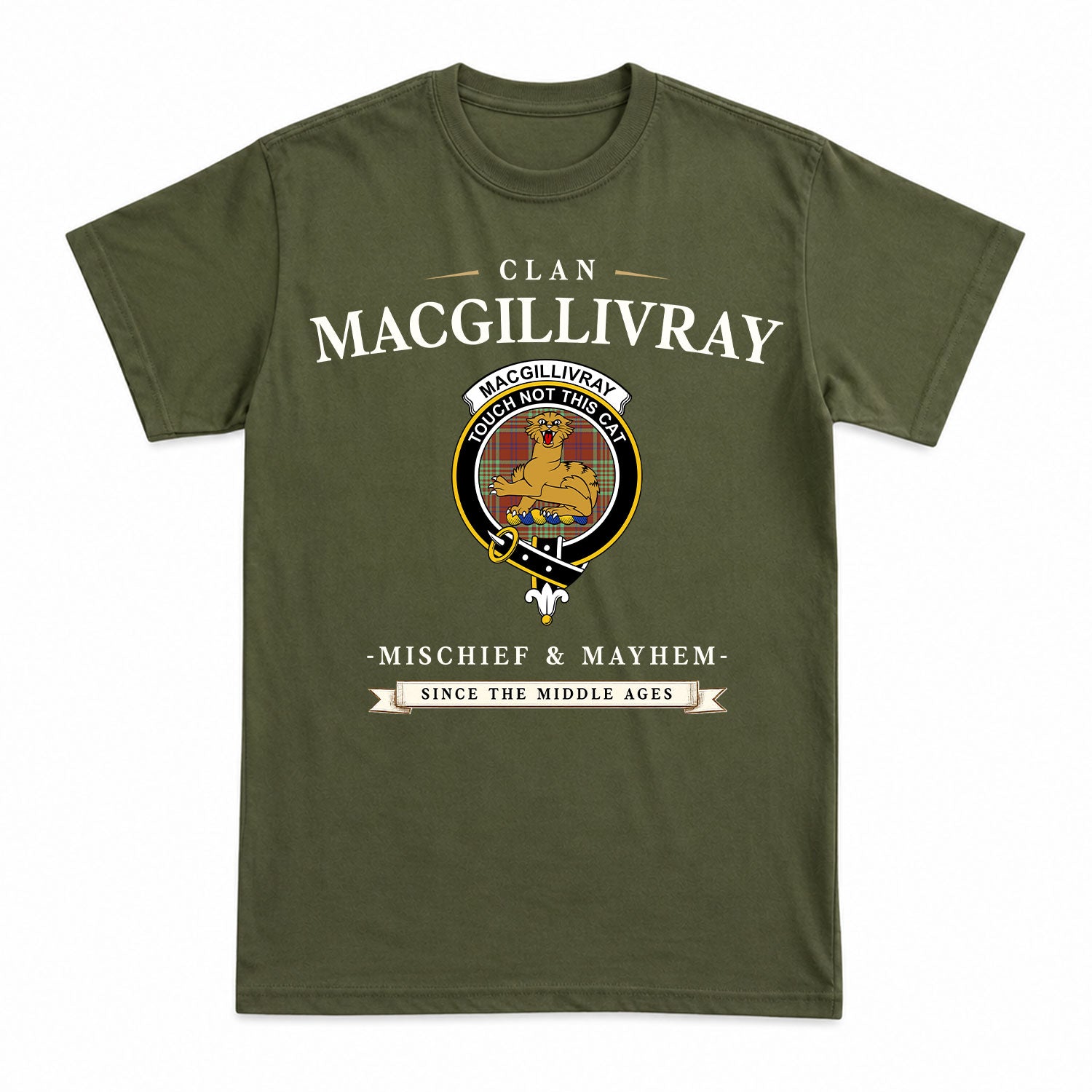 MacGillivray Hunting Ancient Tartan Crest Mischief and Mayhem T-shirt