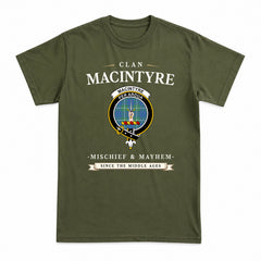 MacIntyre Hunting Ancient Tartan Crest Mischief and Mayhem T-shirt