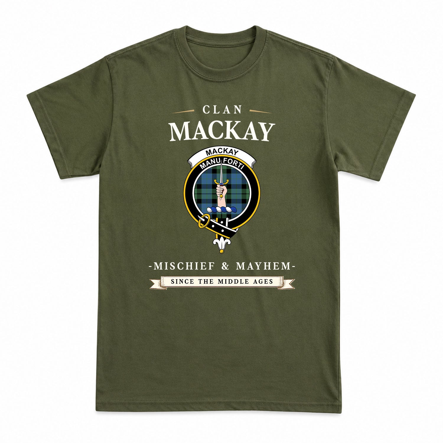 MacKay Ancient Tartan Crest Mischief and Mayhem T-shirt