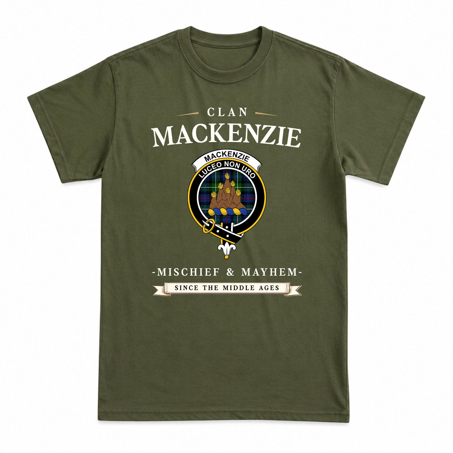MacKenzie Modern Tartan Crest Mischief and Mayhem T-shirt