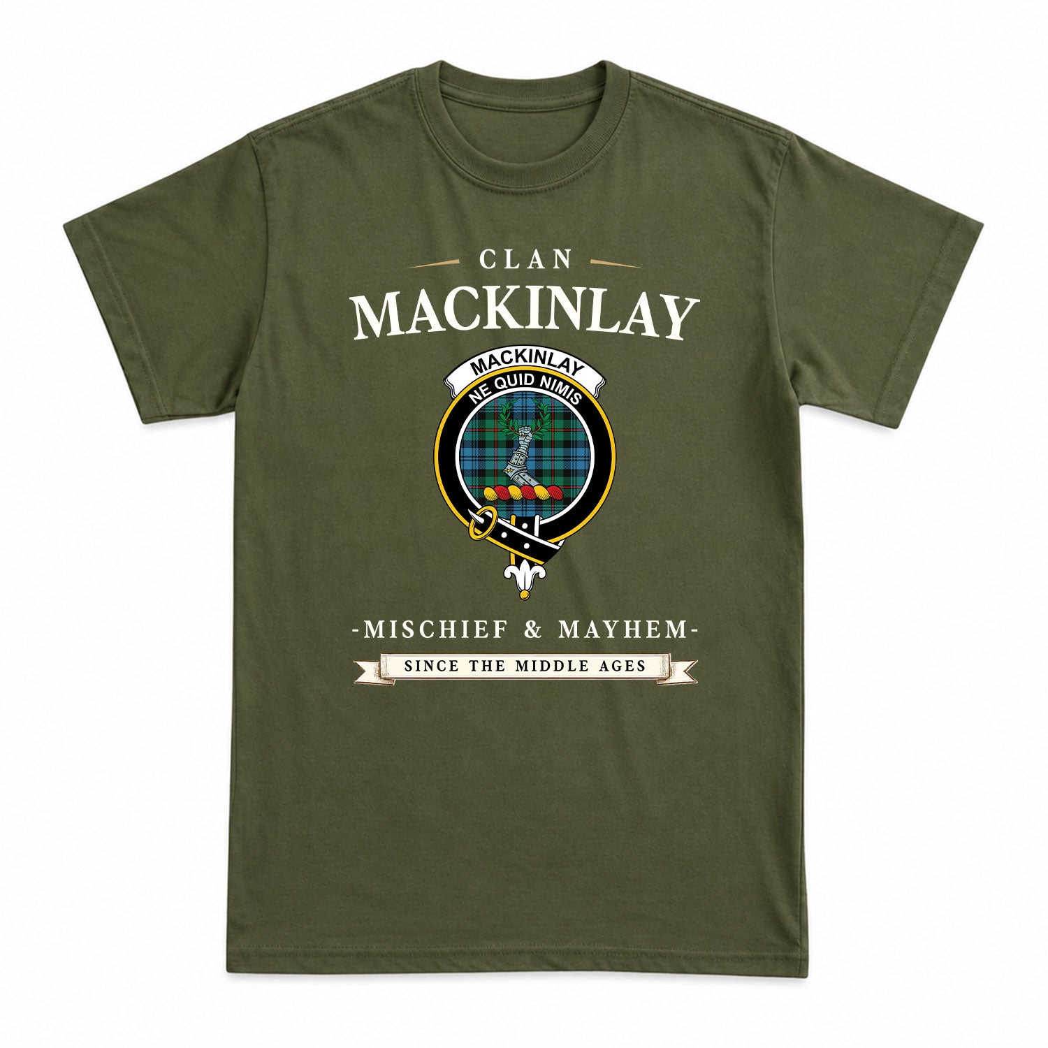 MacKinlay Ancient Tartan Crest Mischief and Mayhem T-shirt