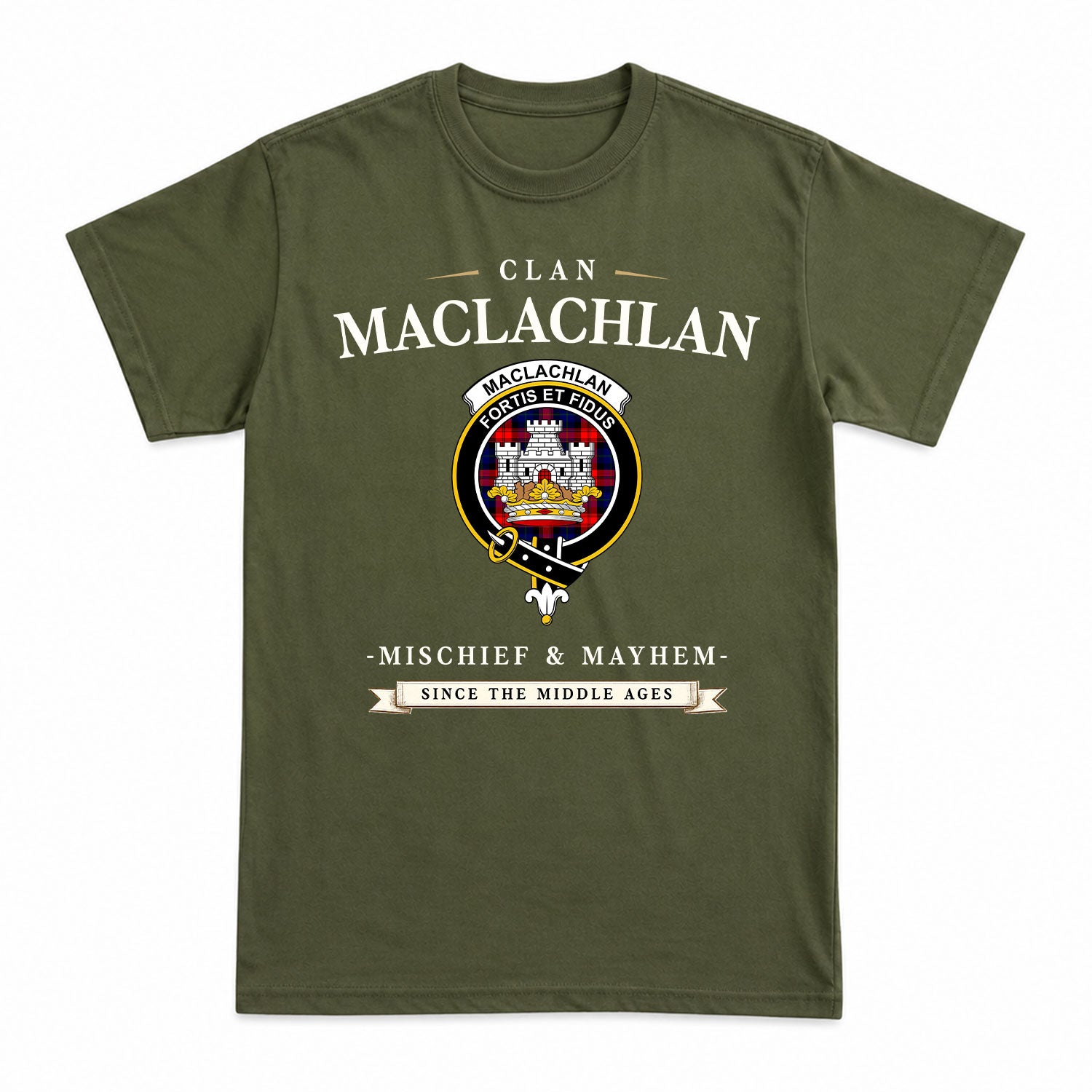 MacLachlan Modern Tartan Crest Mischief and Mayhem T-shirt