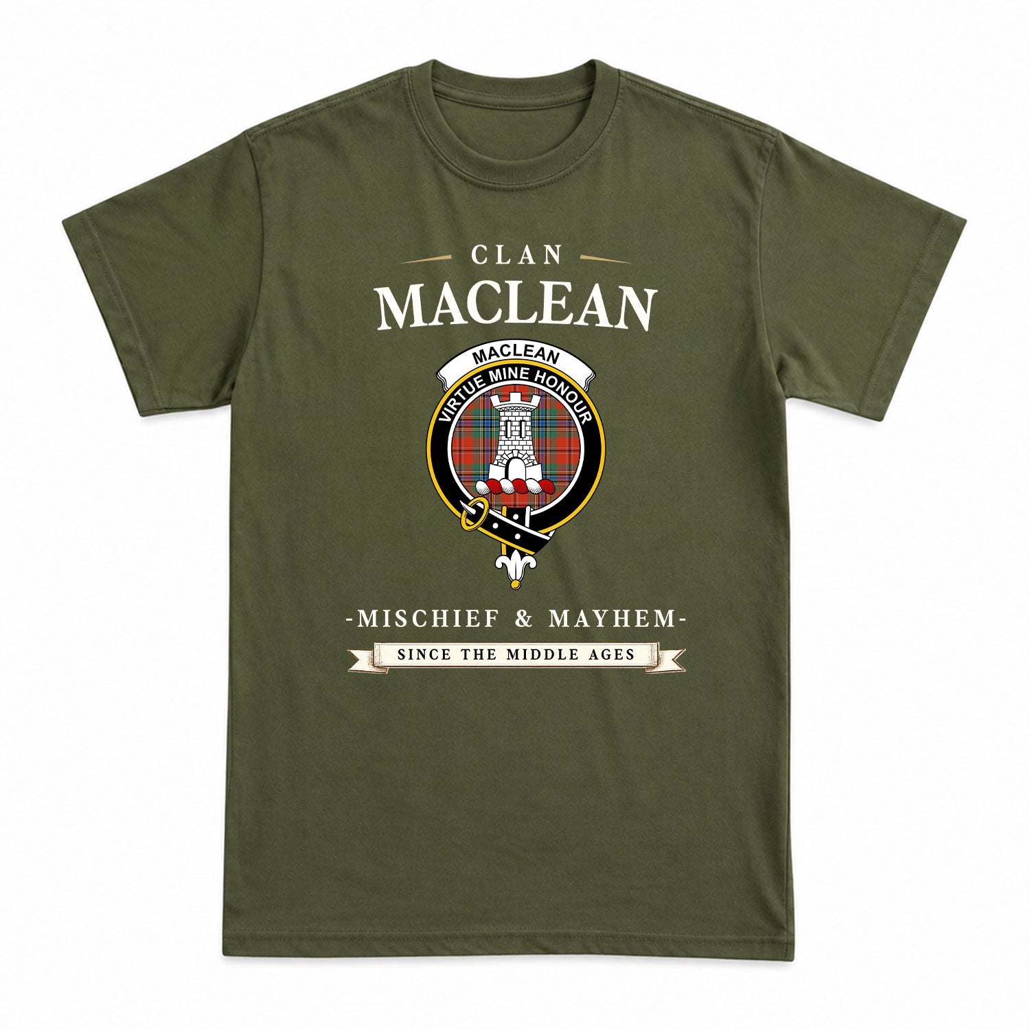 MacLean of Duart Ancient Tartan Crest Mischief and Mayhem T-shirt