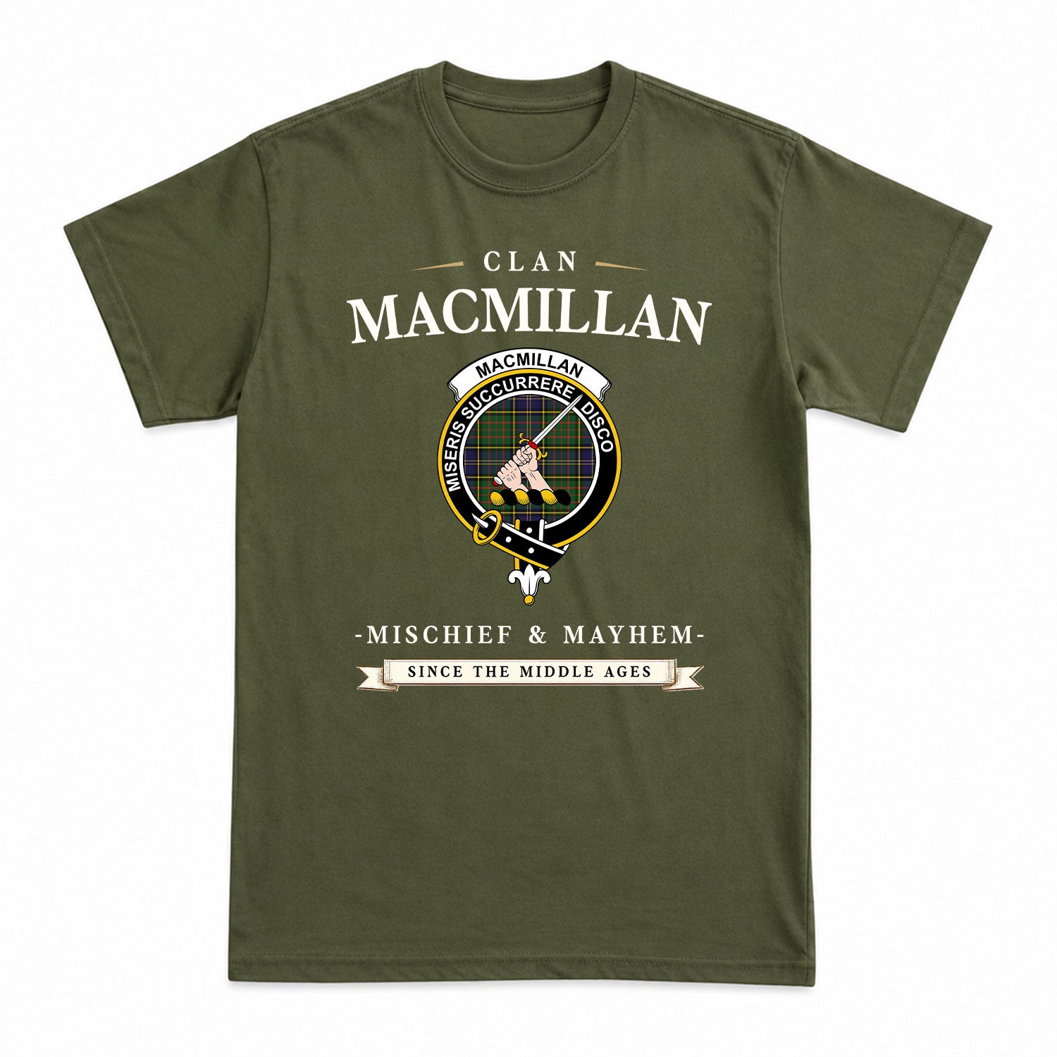 MacMillan Hunting Modern Tartan Crest Mischief and Mayhem T-shirt