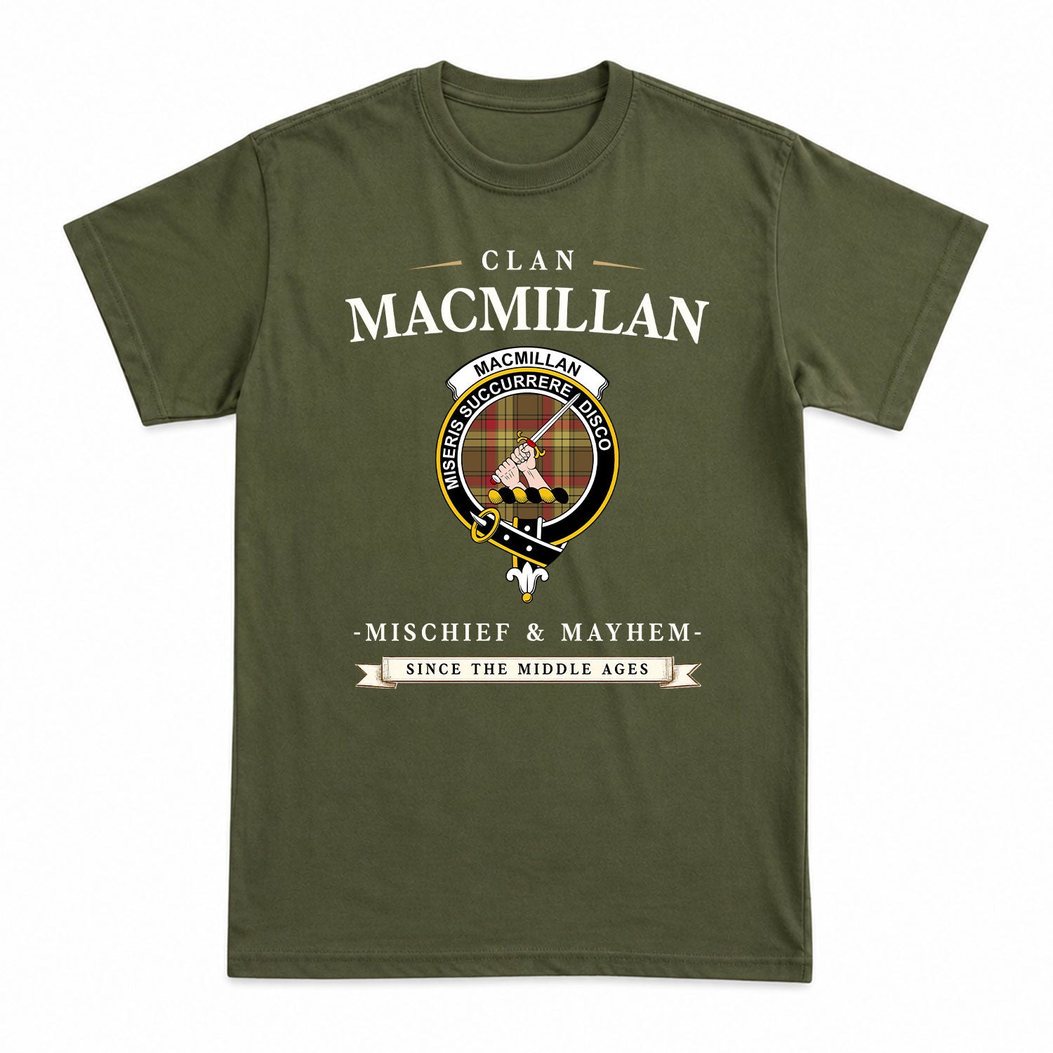 MacMillan Old Weathered Tartan Crest Mischief and Mayhem T-shirt