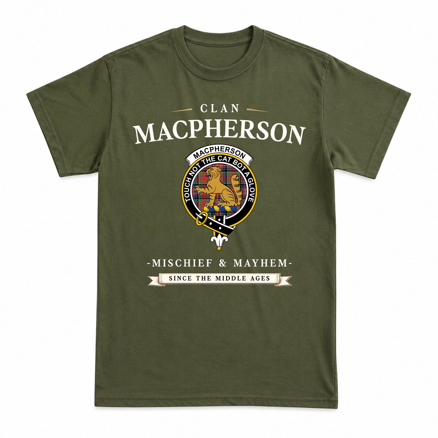 MacPherson Ancient Tartan Crest Mischief and Mayhem T-shirt
