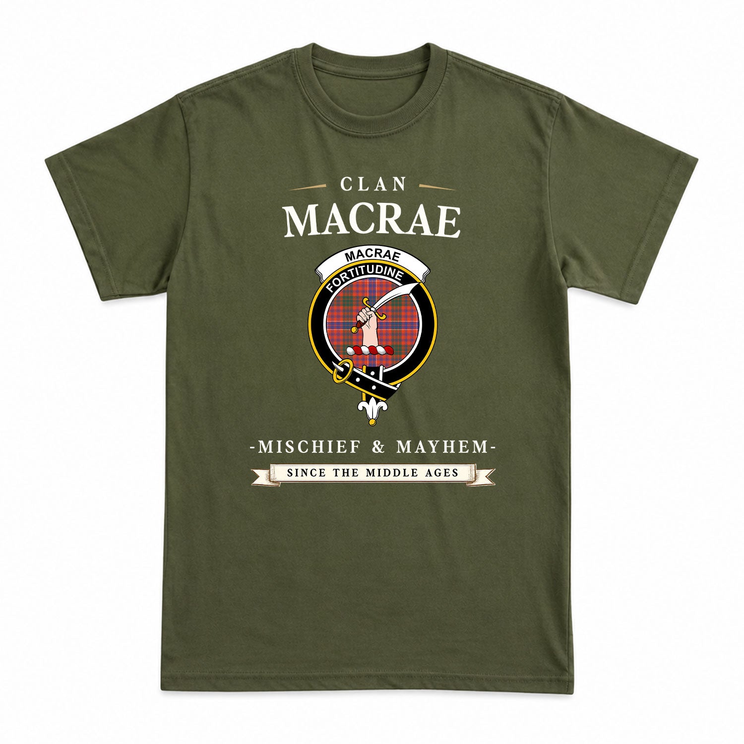 MacRae Ancient Tartan Crest Mischief and Mayhem T-shirt