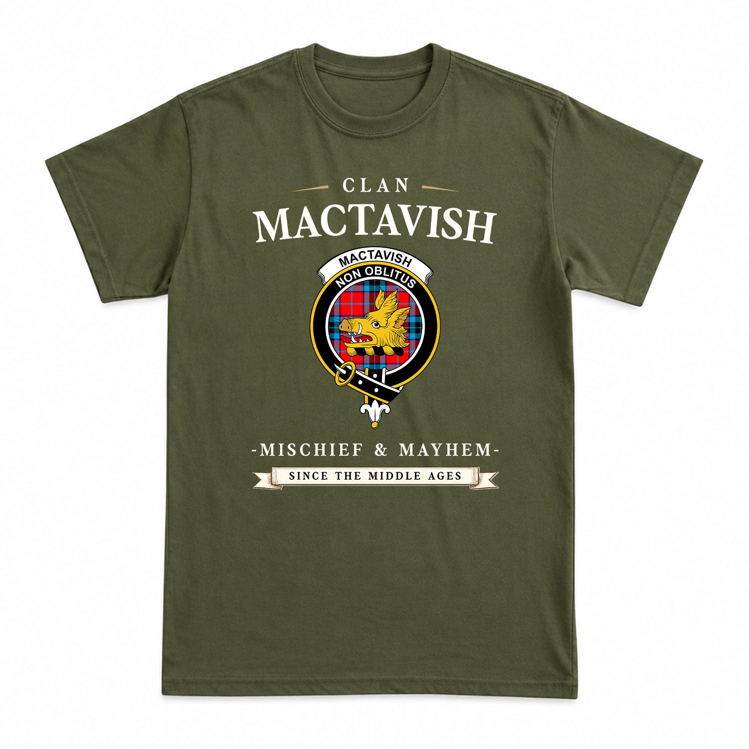 MacTavish Modern Tartan Crest Mischief and Mayhem T-shirt