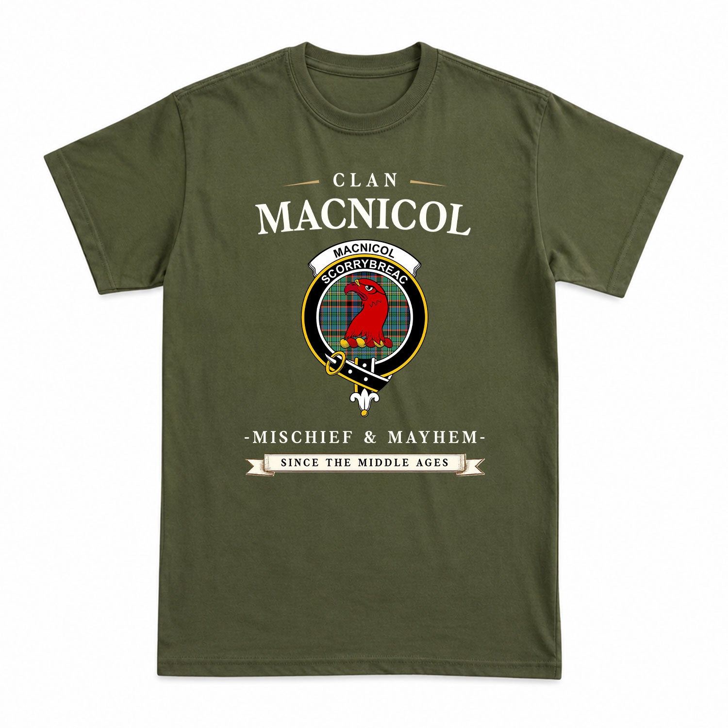 MacNicol Hunting Ancient Tartan Crest Mischief and Mayhem T-shirt