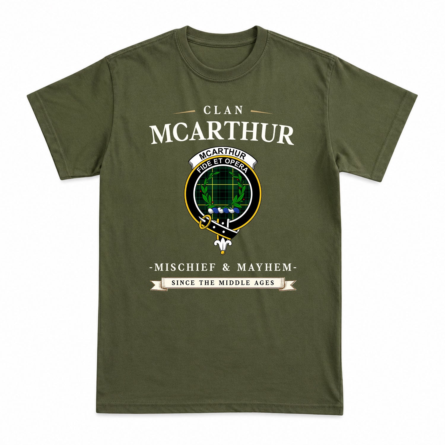McArthur Modern Tartan Crest Mischief and Mayhem T-shirt