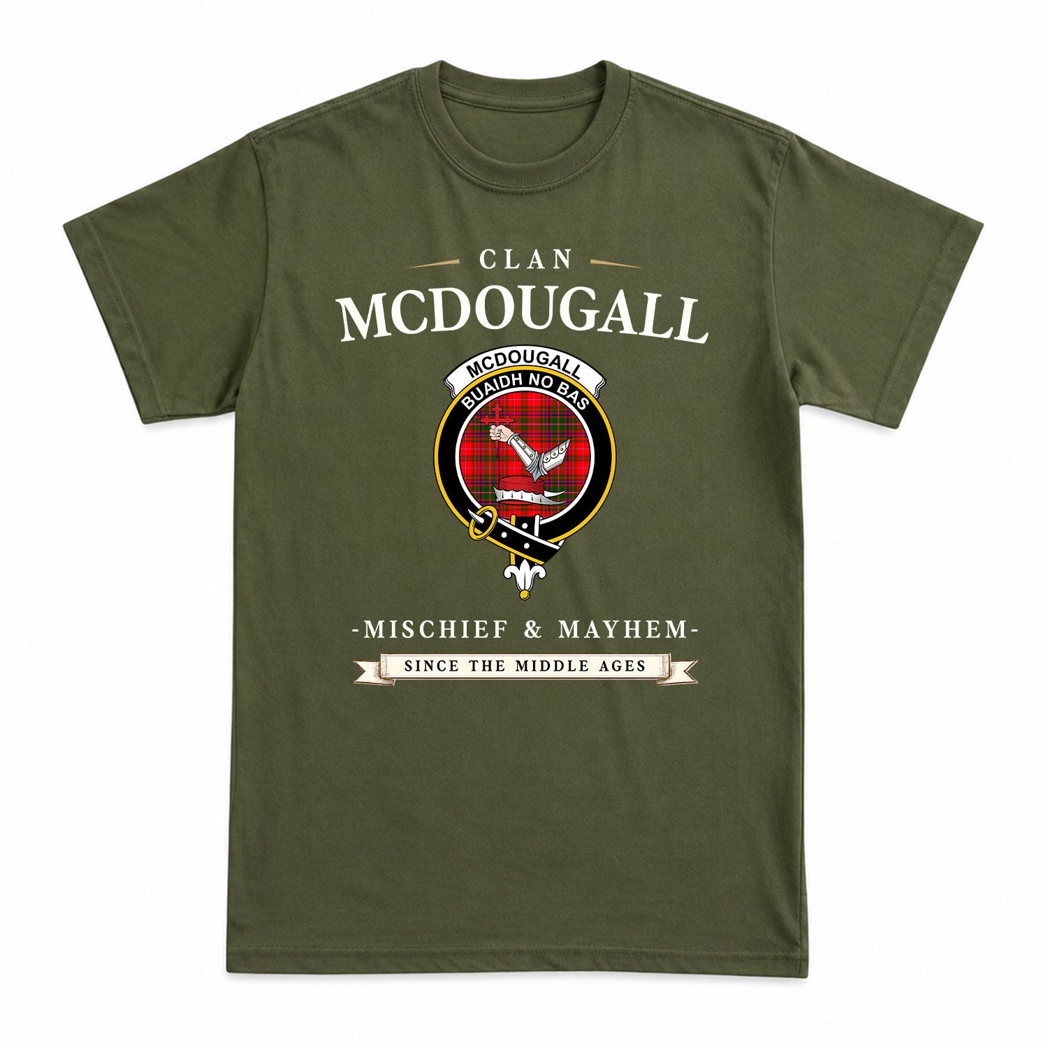 McDougall Modern Tartan Crest Mischief and Mayhem T-shirt