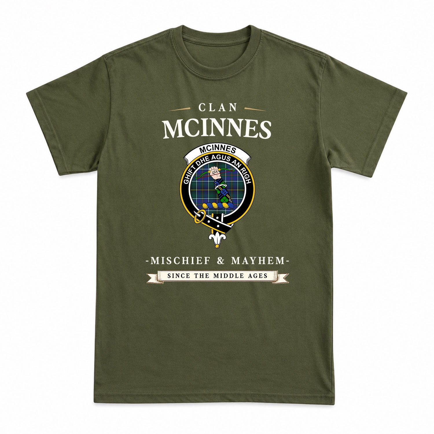McInnes Modern Tartan Crest Mischief and Mayhem T-shirt