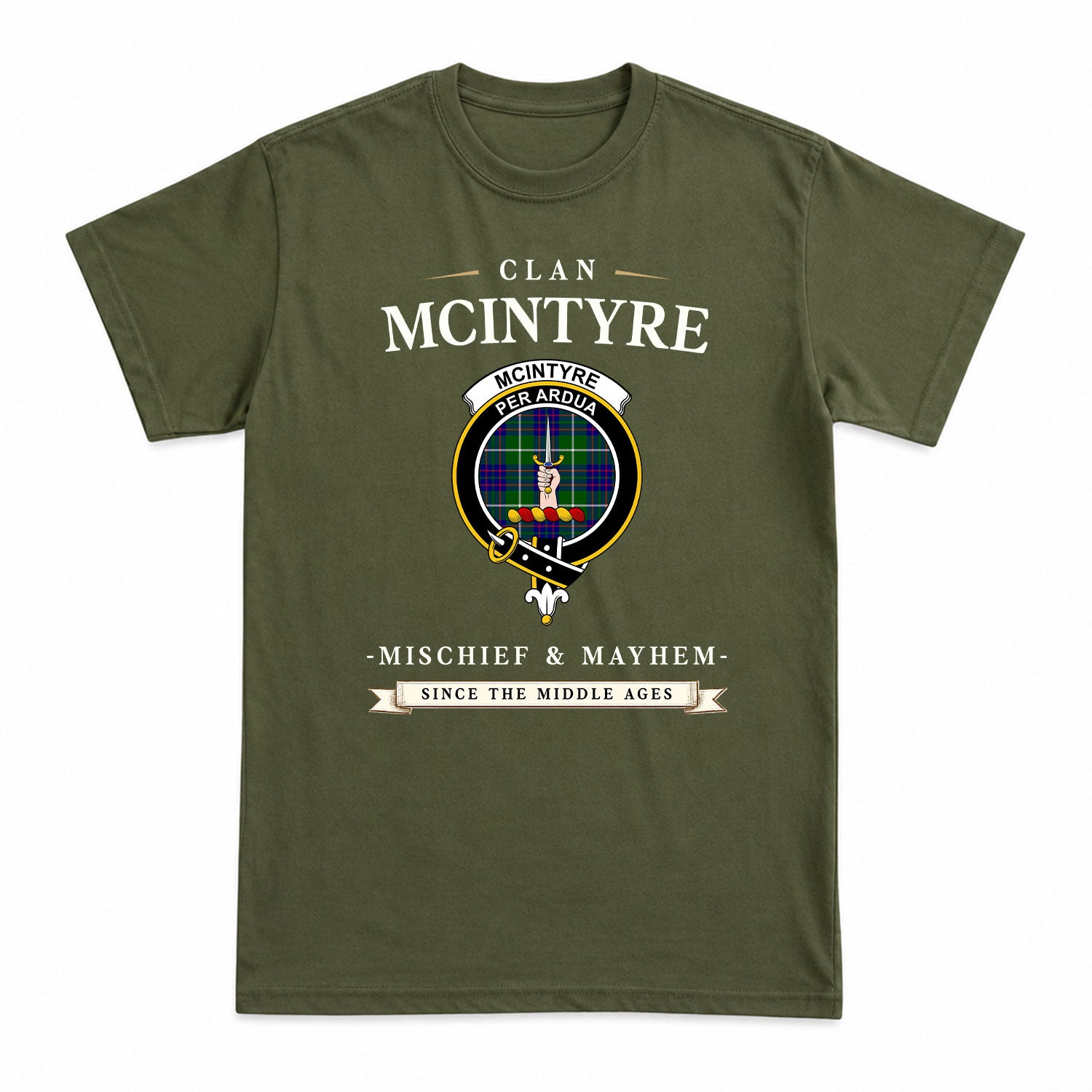 McIntyre Hunting Modern Tartan Crest Mischief and Mayhem T-shirt
