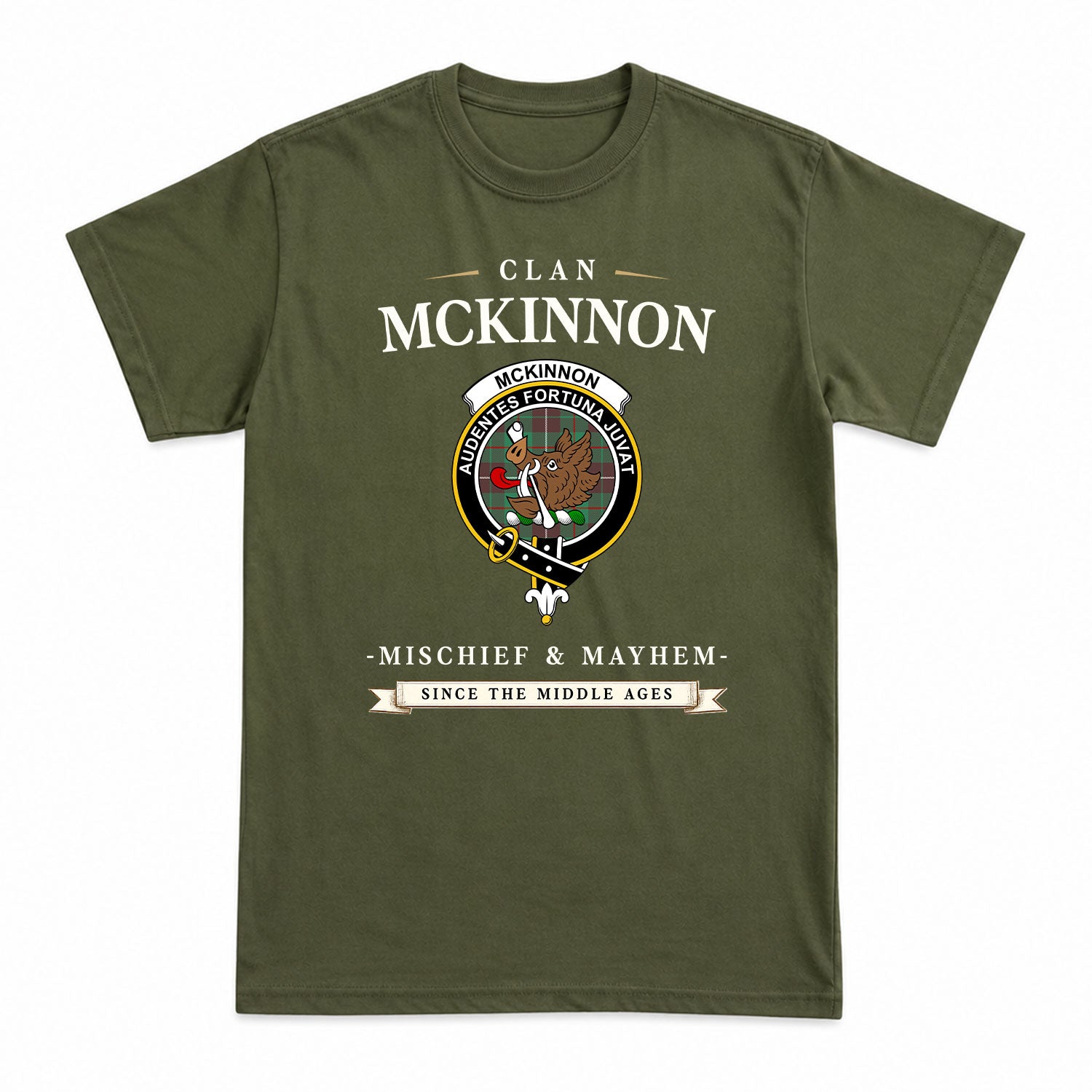 McKinnon Hunting Ancient Tartan Crest Mischief and Mayhem T-shirt