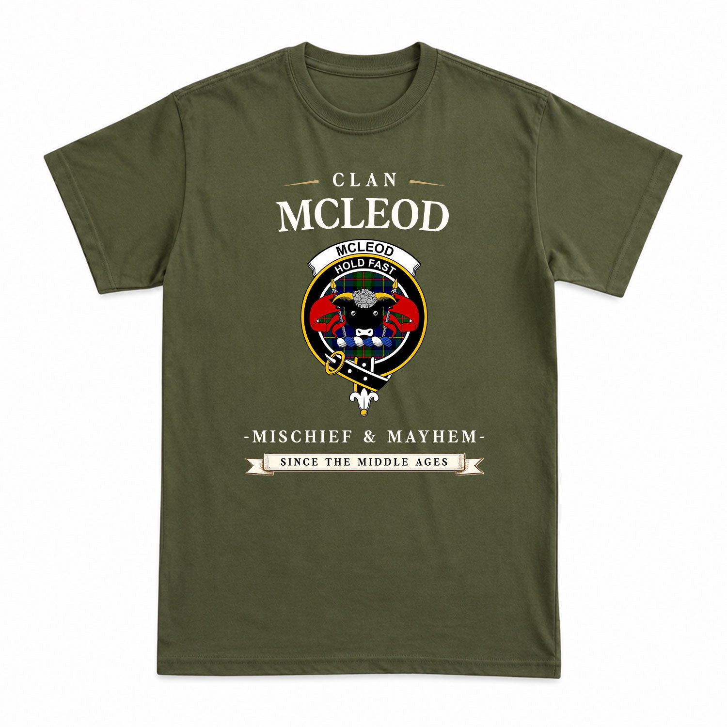 McLeod of Harris Modern Tartan Crest Mischief and Mayhem T-shirt