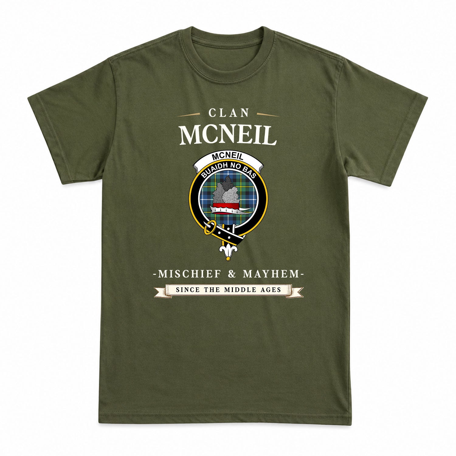 McNeil of Barra Ancient Tartan Crest Mischief and Mayhem T-shirt