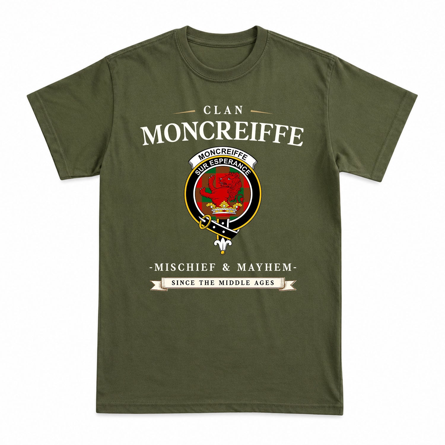 Moncreiffe (or Moncreiff) Tartan Crest Mischief and Mayhem T-shirt