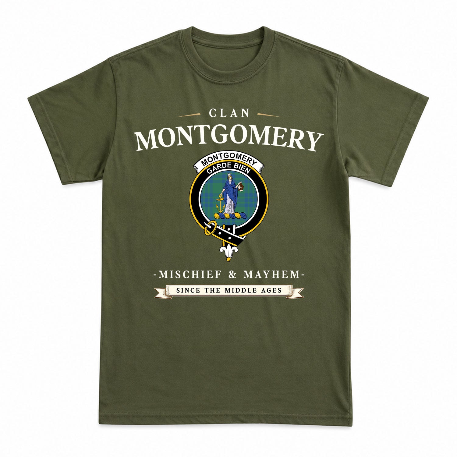 Montgomery Ancient Tartan Crest Mischief and Mayhem T-shirt